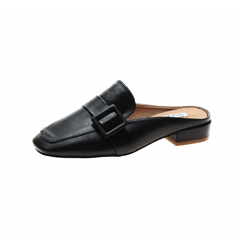 

New spring/Autumn 2020 leather belt buckle thick heel with low heel and Baotou English style half slippers, As shown in figure