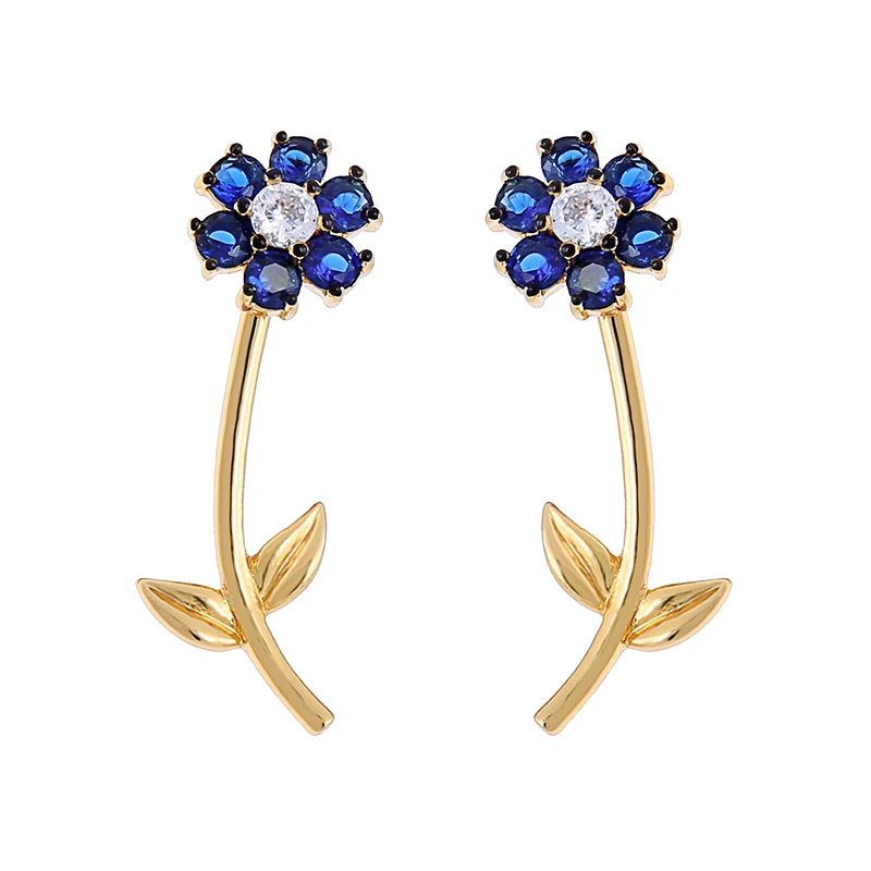 

me0081 High Quality Luxury Blue Flower Crystal Zircon Jewelry Gold Plated Brass Leaf Women Fashion Earrings Wholesale