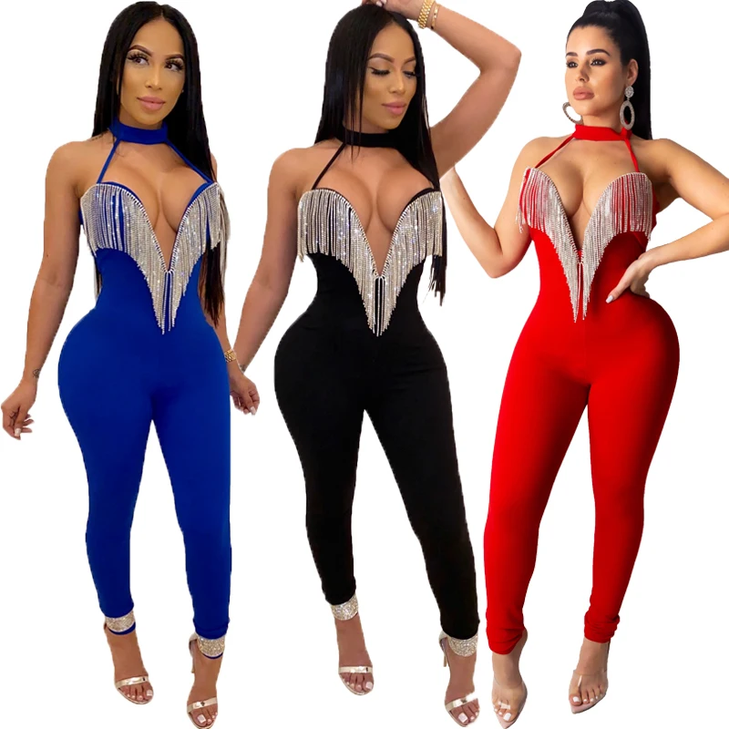 

Women Sexy deep v jumpsuit backless blink crystal halter club wear one piece jumpsuit with tassels FM-CY8235, As pictures