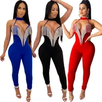 

Women Sexy deep v jumpsuit backless blink crystal halter club wear one piece jumpsuit with tassels FM-CY8235