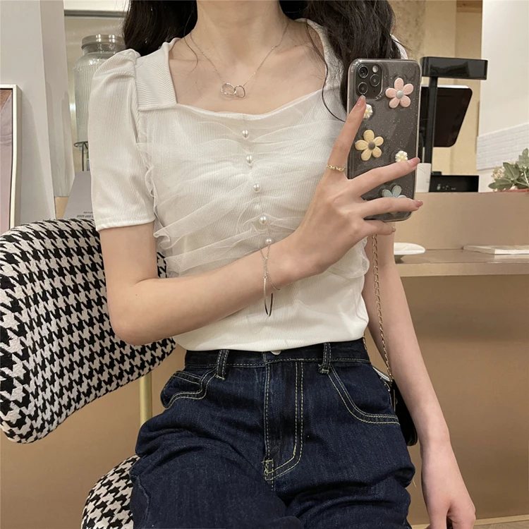

2021 summer new style spliced mesh pleated short-sleeved women's t-shirt