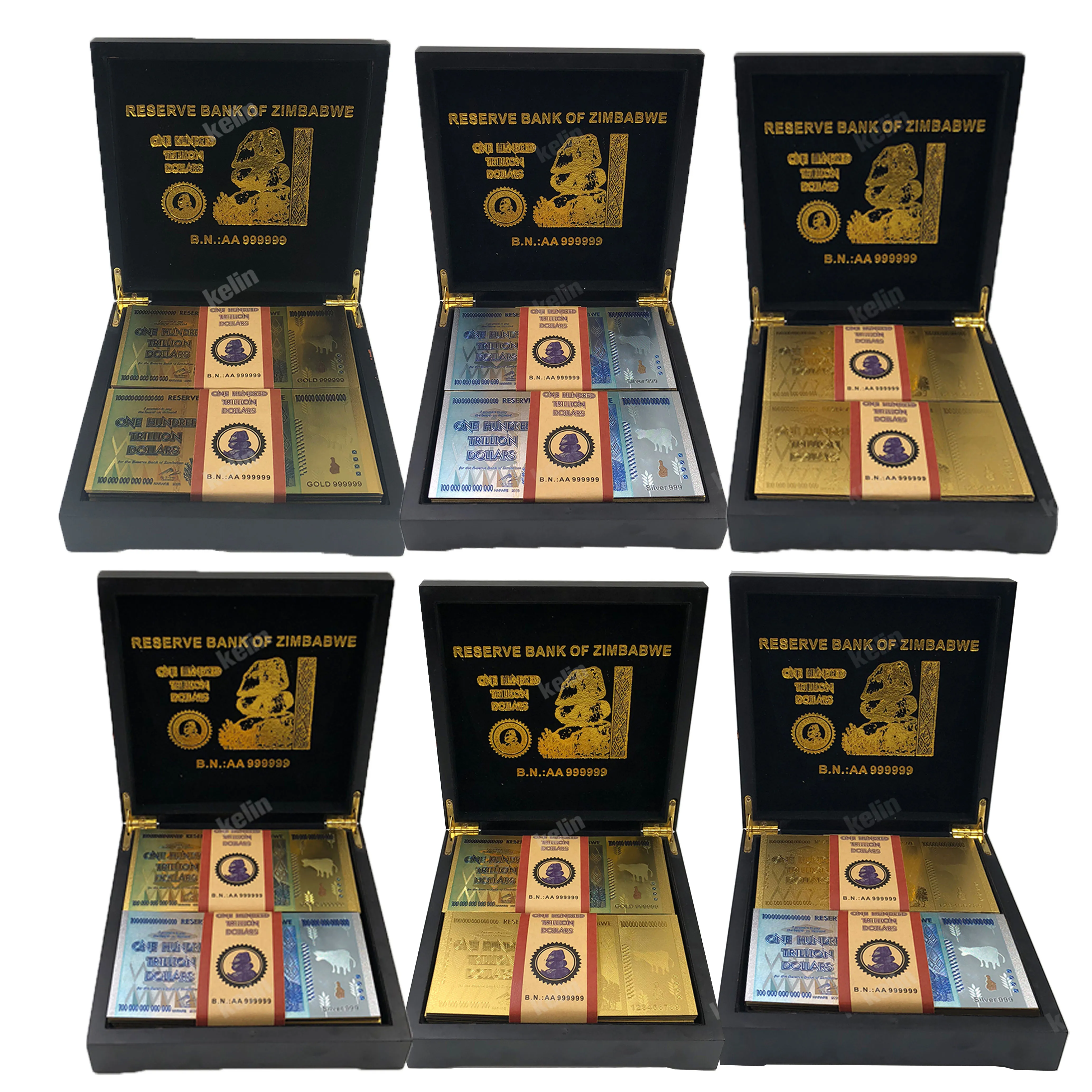 

Zimbabwe Gold banknotes with black craft box 100 trillion Dollar Silver 999 foil fake money for collection and business gifts