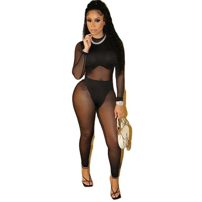 

2021 New Arrivals Women Black Mesh sexy Patchwork rompers Jumpsuits Bodycon Long Sleeve One Piece Mesh Jumpsuit, Picture