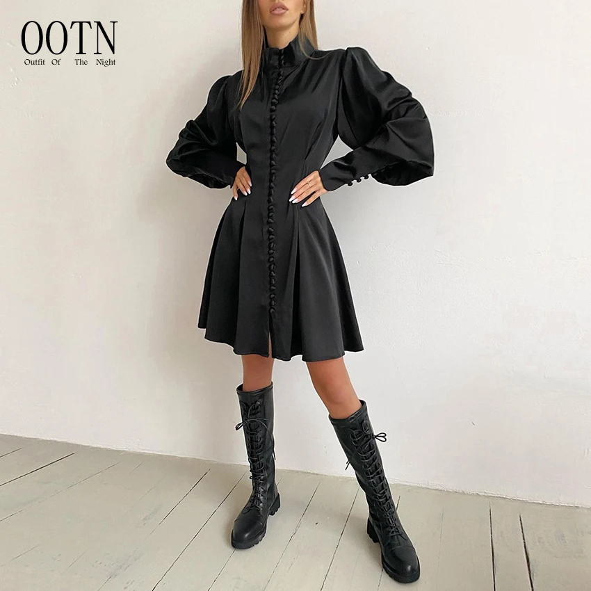 

OOTN Elegant Ladies Button Lantern Sleeve Silk Tunic Pleated Office A Line Mini Dress Female Black Satin Turtleneck Women Dress