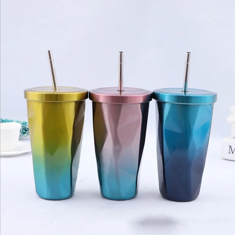 

Amazon hot sale stainless steel cup diamond gradient design diamond-shaped sippy mugs