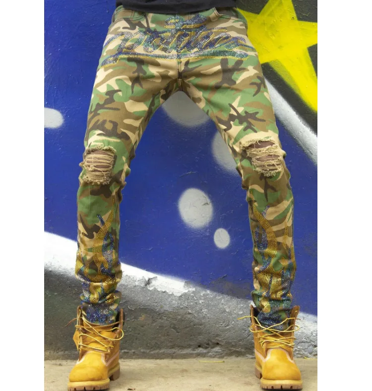 

Mens Ripped Jeans Camouflage Style Fitted Distressed Jeans High Quality Stacked Skinny Denim Pants