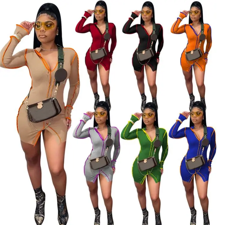 

Best Seller Fall Women Clothing 2021 Stitching V Neck Solid Color Bottom Split Women Bodycon Dresses Lady Party Dress