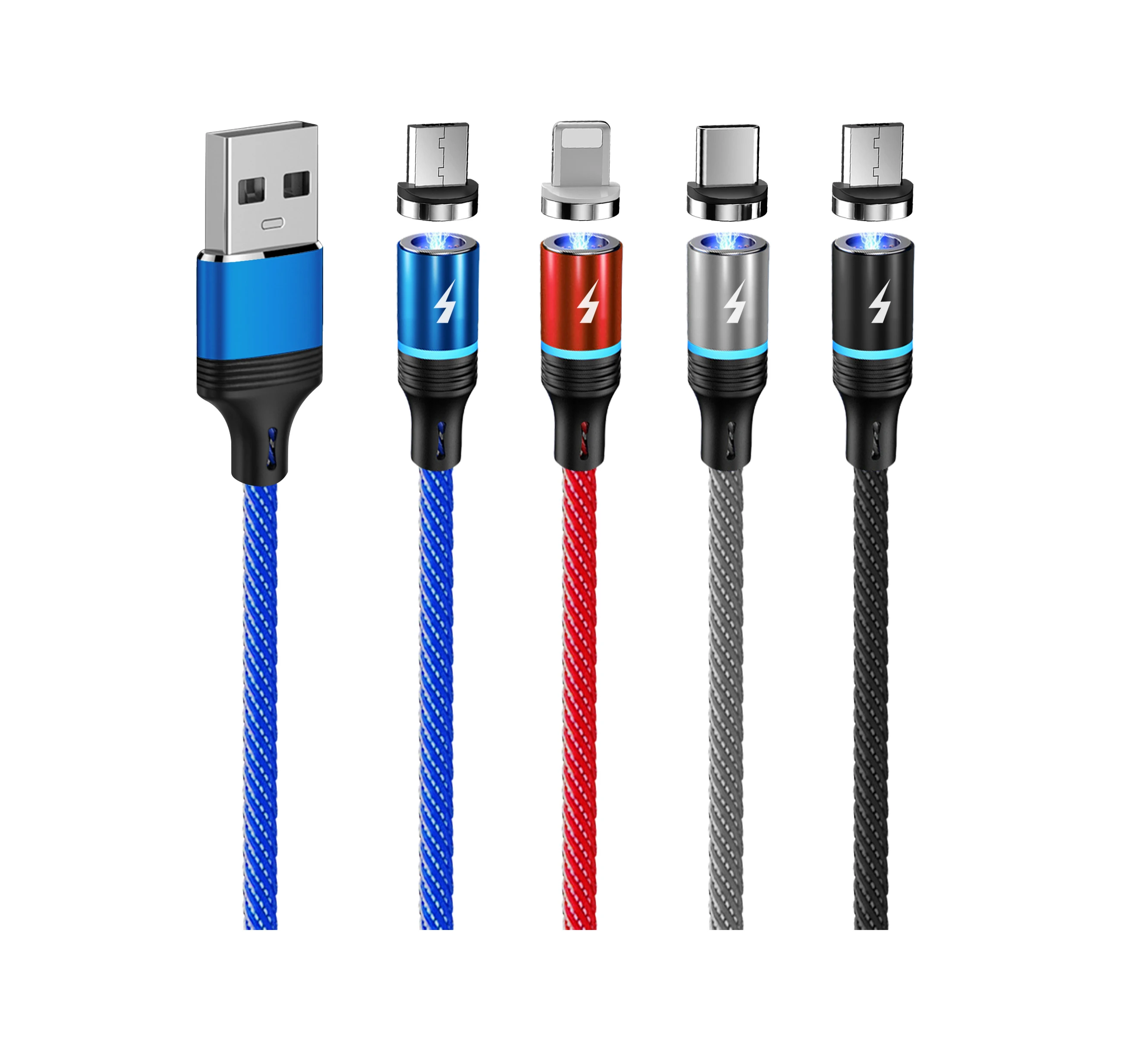 

hot sale 3 in 1 portable 360 nylon fast 540 led data usb 3 in 1 magnetic charging cable for phones, White \black \red\blue\yellow\oem