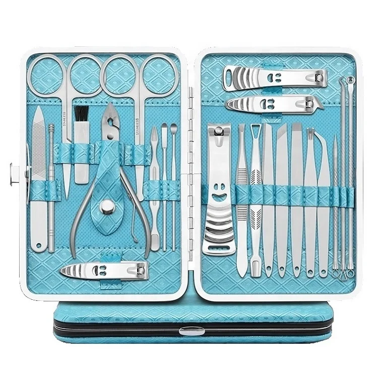 

Smile Face Blue Manicure Set 23Pcs Nail Clippers Grooming Tool Kit Stainless Steel Travel Men Pedicure With PU Leather Case, According to options