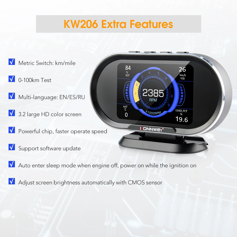 

KONNWEI KW206 Obd 2 Automobile On-Board Computer OBD2 Car Scanner Fuel Consumption Water Temperature Gauge HUD Digital Display