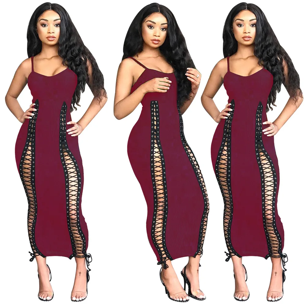 

Summer sexy V neck eyelet bandage sleeveless women evening club dresses, Wine red, black