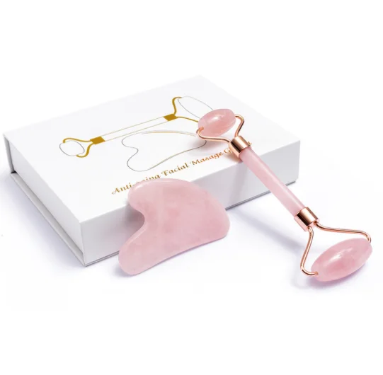

2021 Wholesale Pink Rose Quartz Stone Crystal Jade Facial Beauty Face Massage Roller Gua Sha Set Jade Roller For Face