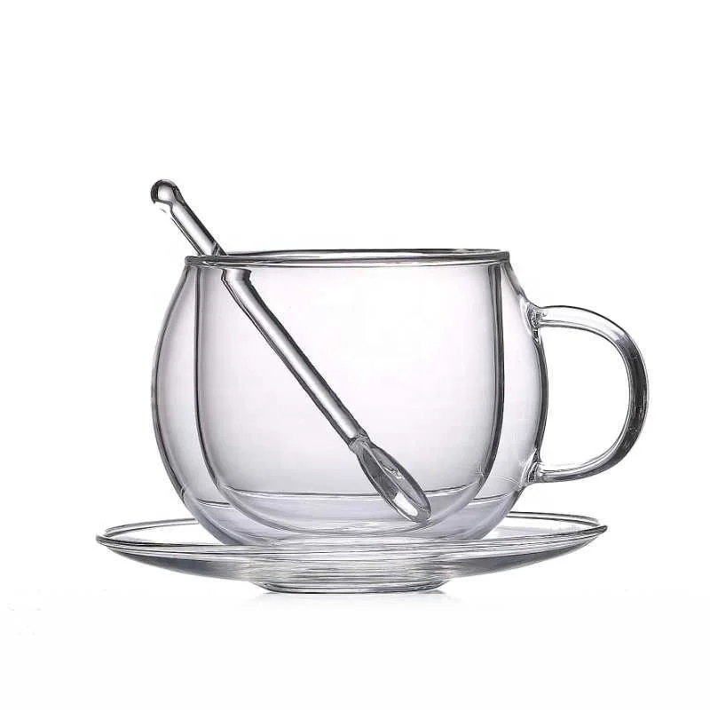 

Double-layer clear glass coffee mug with handle, glass plate and glass spoon