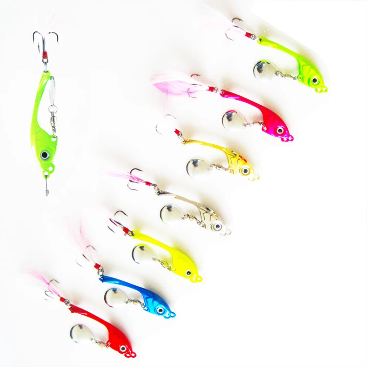 

Hot Selling 12g 60mm Hard Metal Long Casting Sinking Wobbler Vibrating Spinner Spoon Sequins Vib Lure With Feather