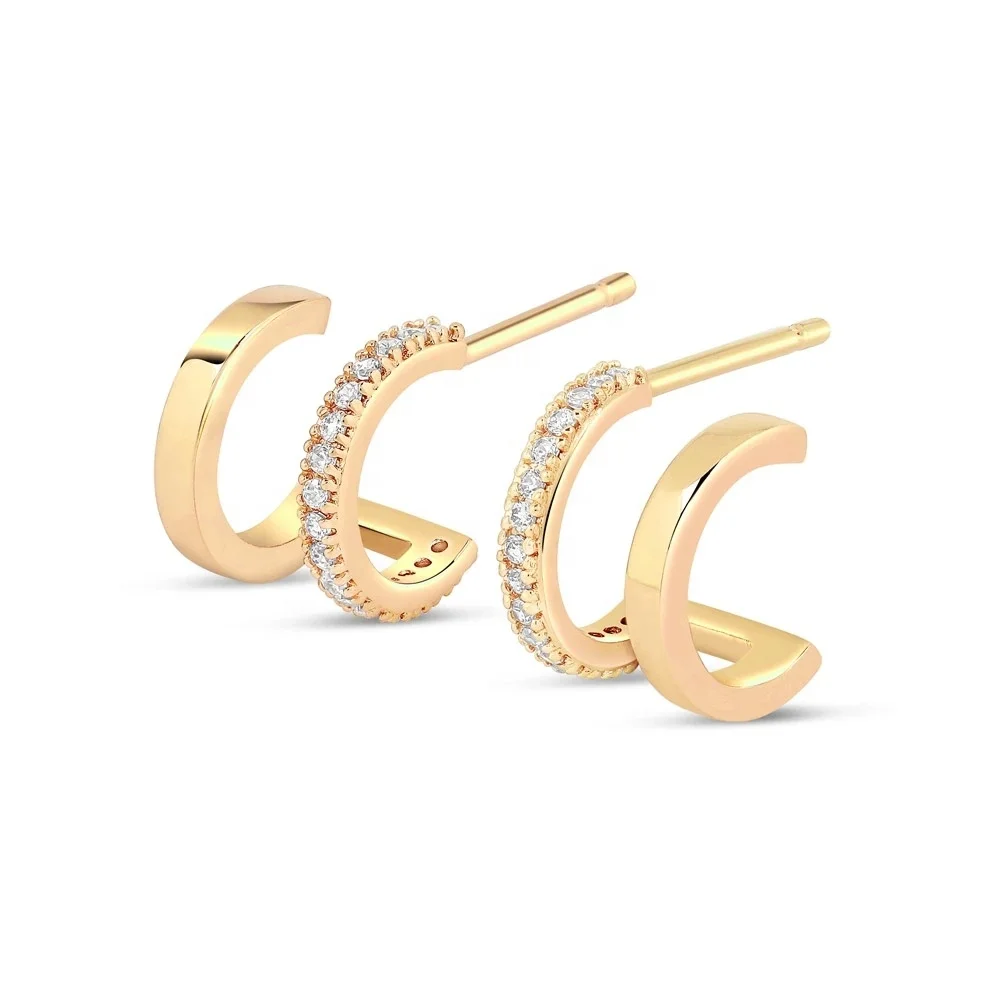 

Desbloqueio 18K Gold Pave CZ Double Hoop Hook Stud Earring 925 Silver 2020