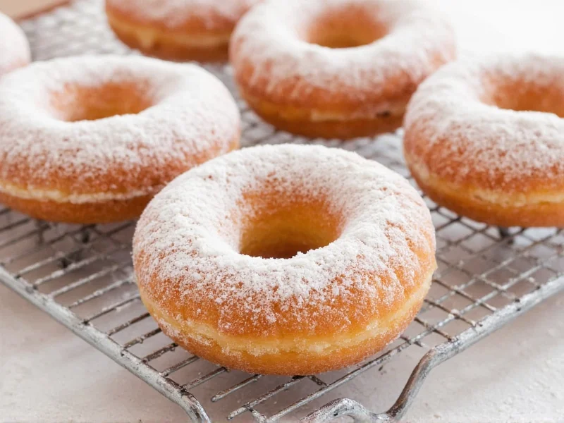 Homemade yeast donuts on cooling rack with powdered sugar