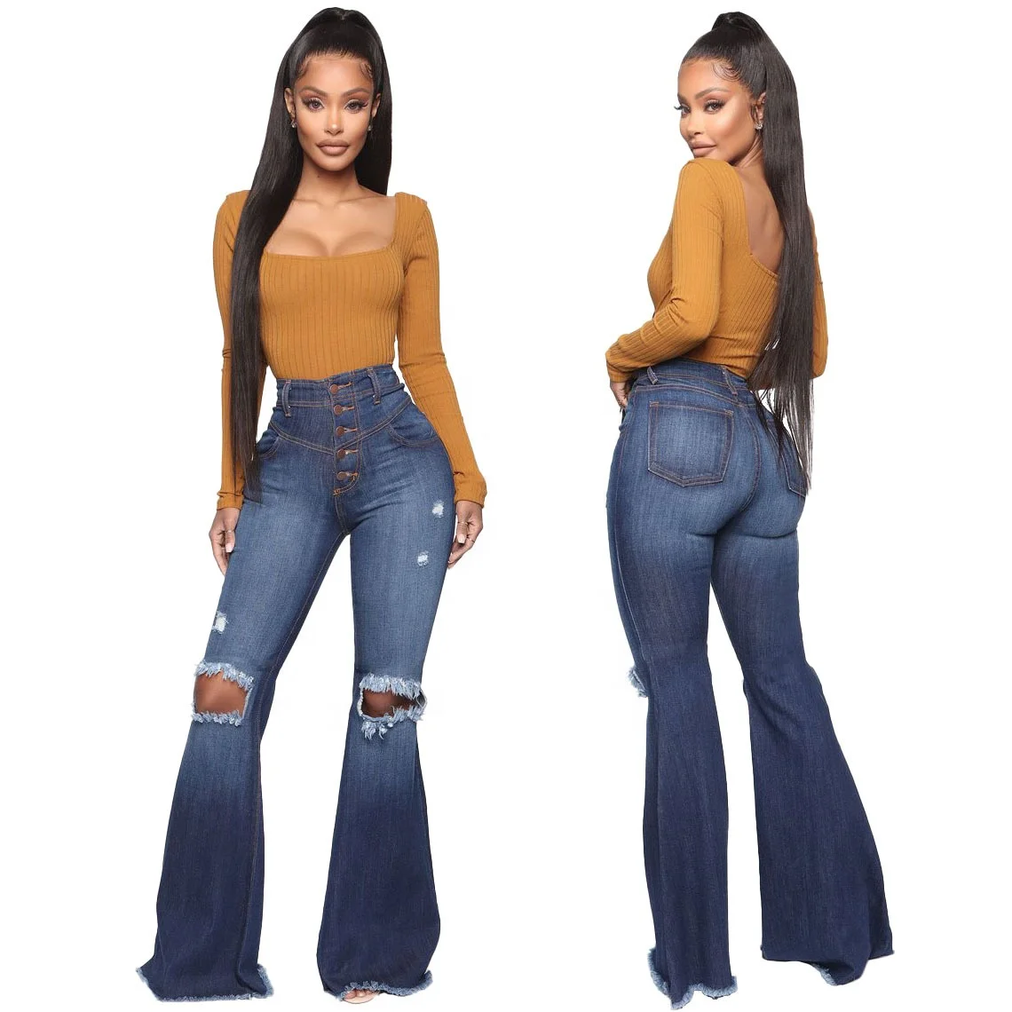 

B63708A New arrivals wholesale price women fashionable scratched hole jeans pants flare pants, Blue