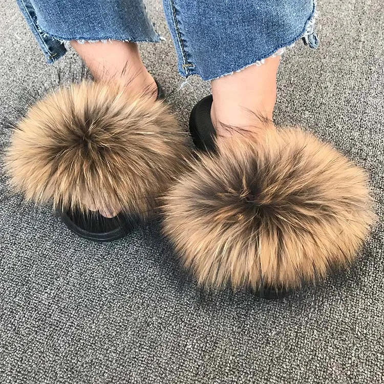 

Flurry Zapatilla De Piel Wholesale House Ladies Sets Open Toe Real Raccoon 2021 Fox Fur Slippers For Woman, Black white green khaki navy colorful blue purple lilac or customized