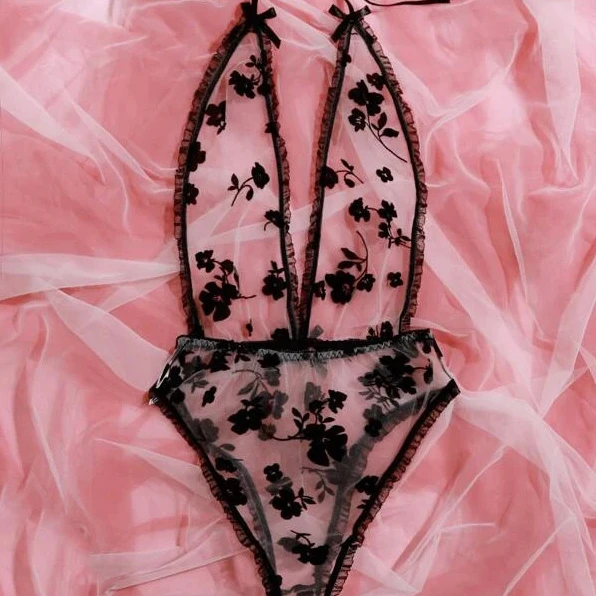 

Hot sale Mesh see-through printed Open chest bodysuit black women sexy lingerie
