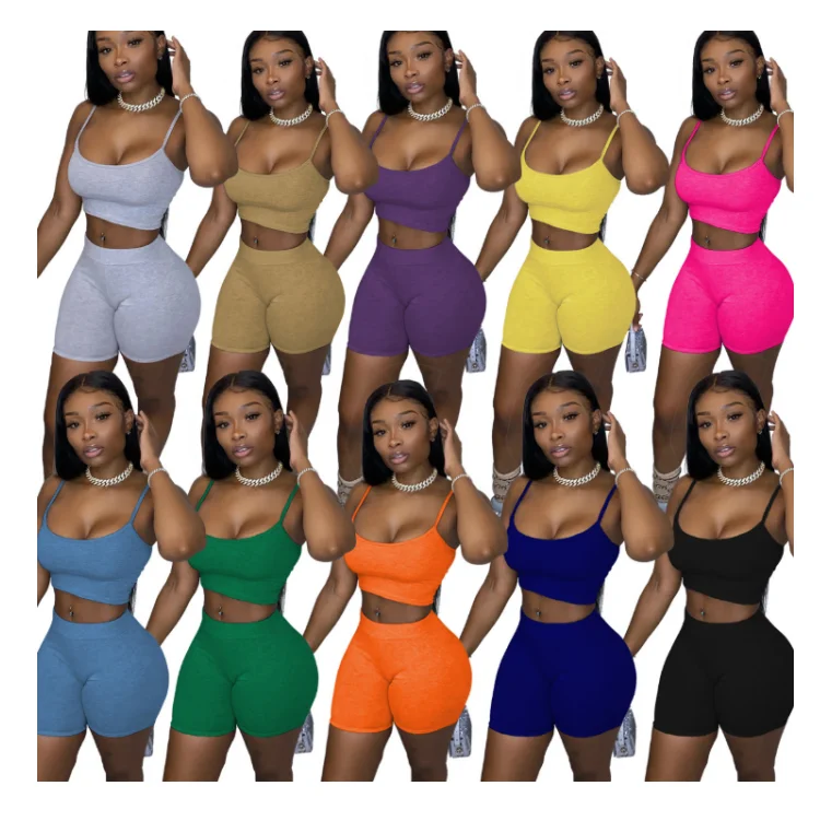 

2021 Summer Super March Summer Plain 2 Pieces Sleeveless Vest Tops And Shorts Set Biker Shorts Set, As pictures