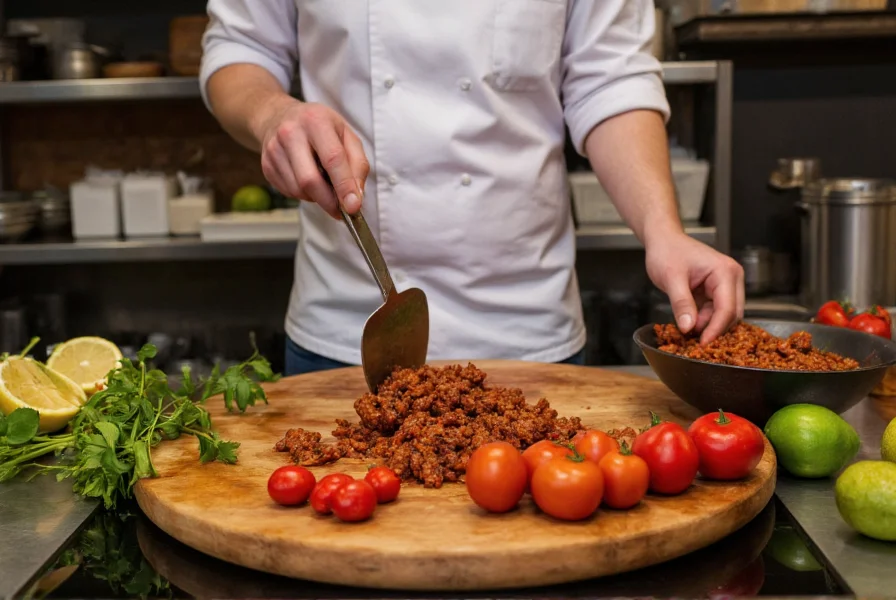 Chef preparing unique chili with exotic ingredients in professional kitchen