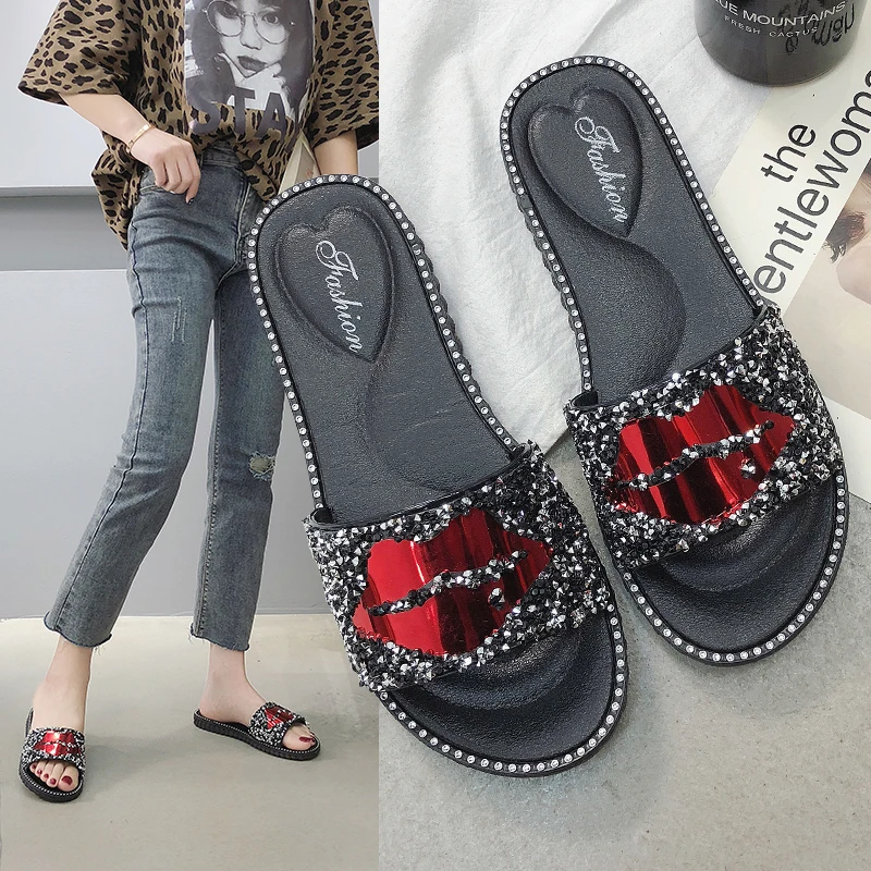 

Hot sale lady beach slide Red lips pattern Rhinestone Shoes womens slippers sandals flat slides for women and ladies, Black /silver