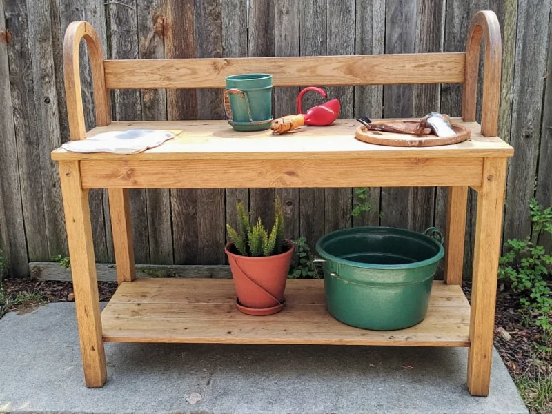 Finished potting bench with garden tools