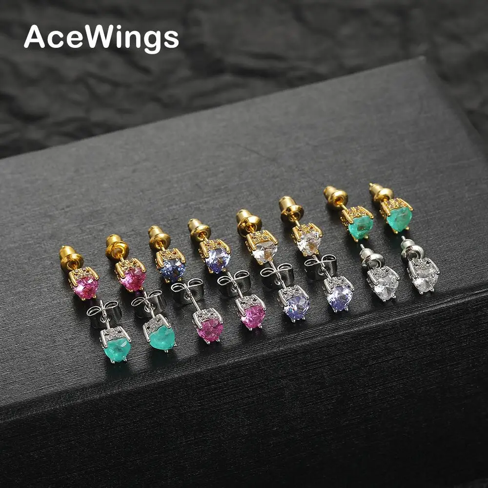 E078 Women Heart Shape Stone Earrings Multicolor Cubic Zircon Stud Earring for Gift