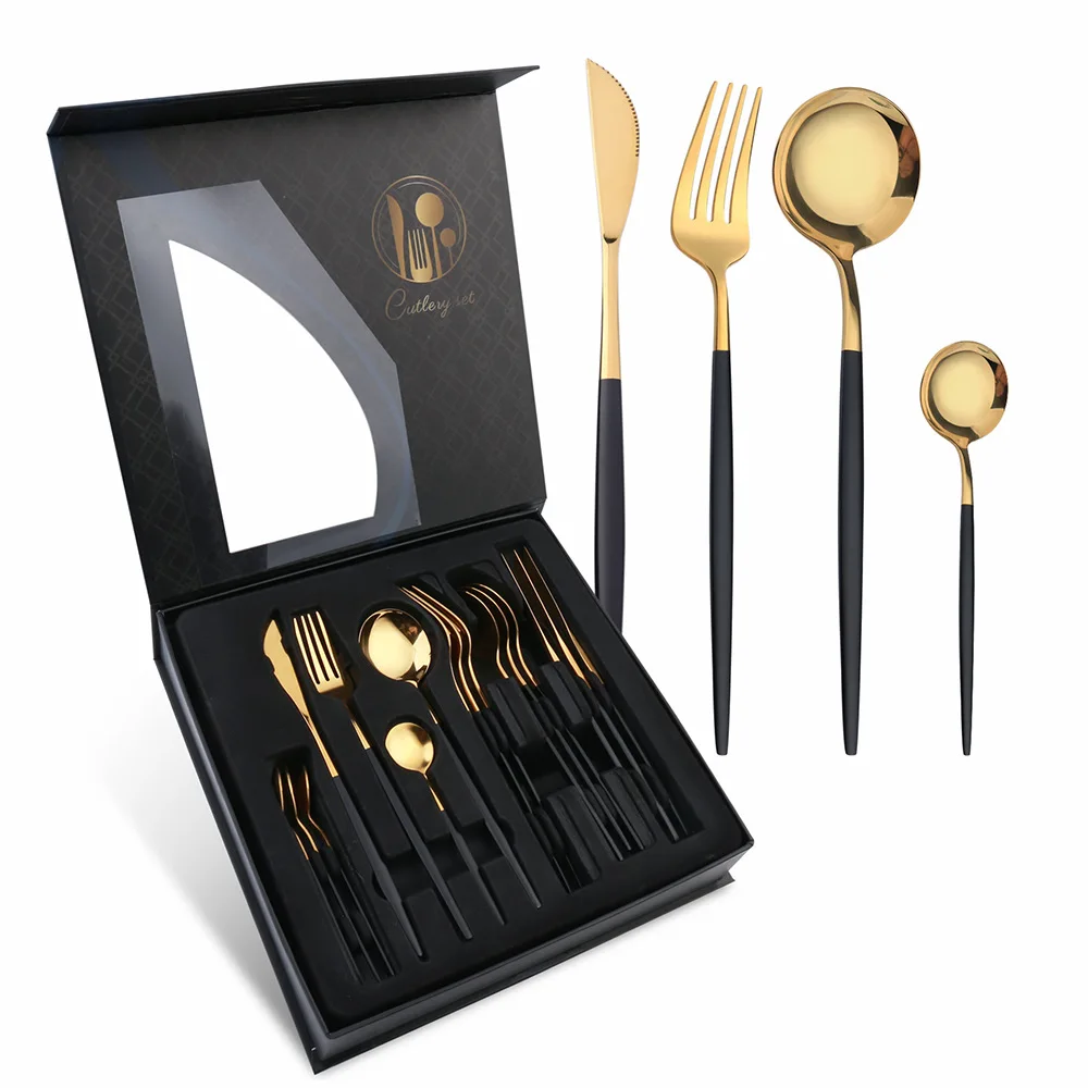 

Colorful 304 Stainless Steel 16pcs Flatware Set With Gift Box Silver Gold Steak Fork and Knife Spoon Cutlery Set For Wedding, Silver,gold,black,white,pink,green,red