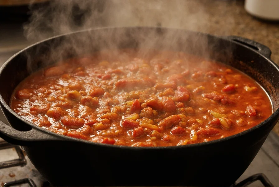 Chili simmering in heavy pot with steam rising, showing thick consistency