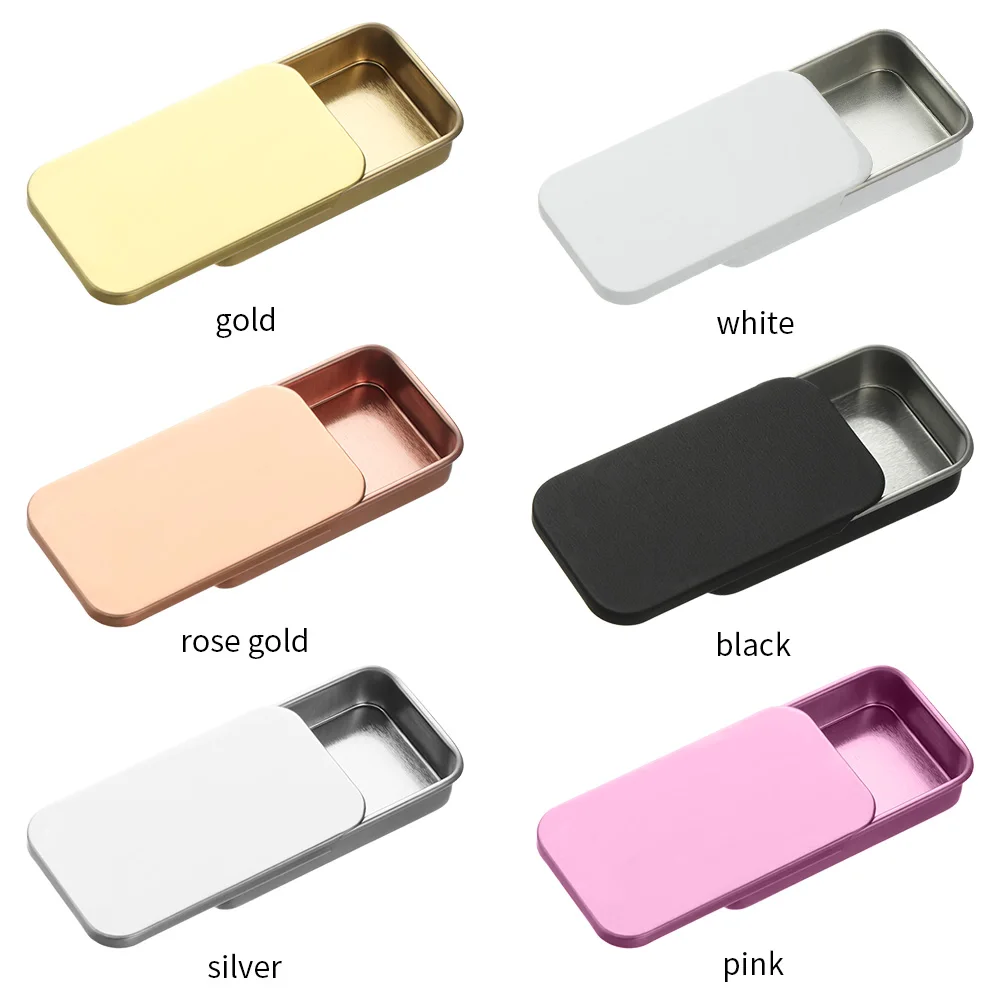 

Wholesale 10ml 35ml 60g metal slide solid perfume tins small rectangle sliding empty black lip balm tin container