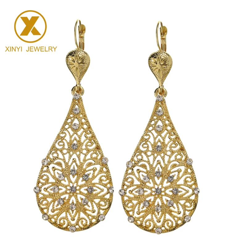 

Elegant Moroccan style crystal long earrings stylish cut flowers rhinestone earrings, Gold and silver