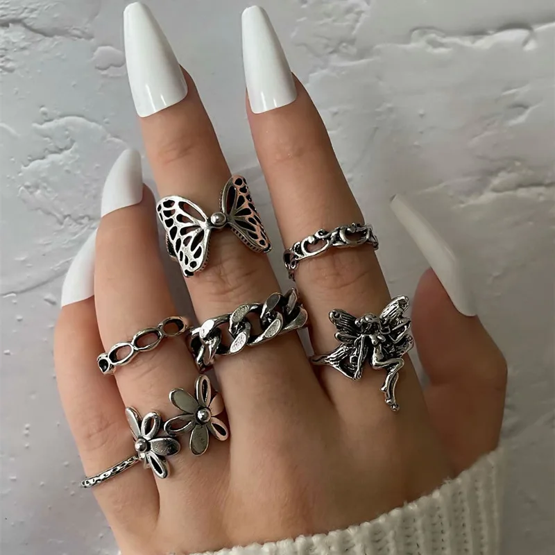 

SC Wholesale Jewelry Sets Vintage Silver Rings Chain Angel Flower Butterfly Knuckle Ring Set Gothic Rings for Women