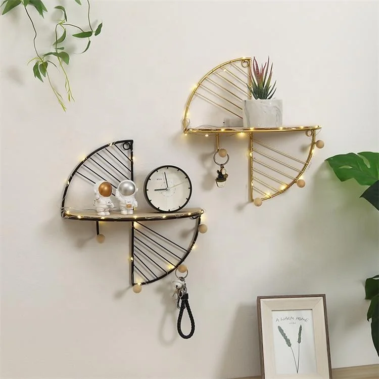 

Nordic Style Wrought Iron Wooden Partition Creative Semicircular Wall Shelf Multi-functional Hook Home Bedroom Wall Storage Rack, Gold/black