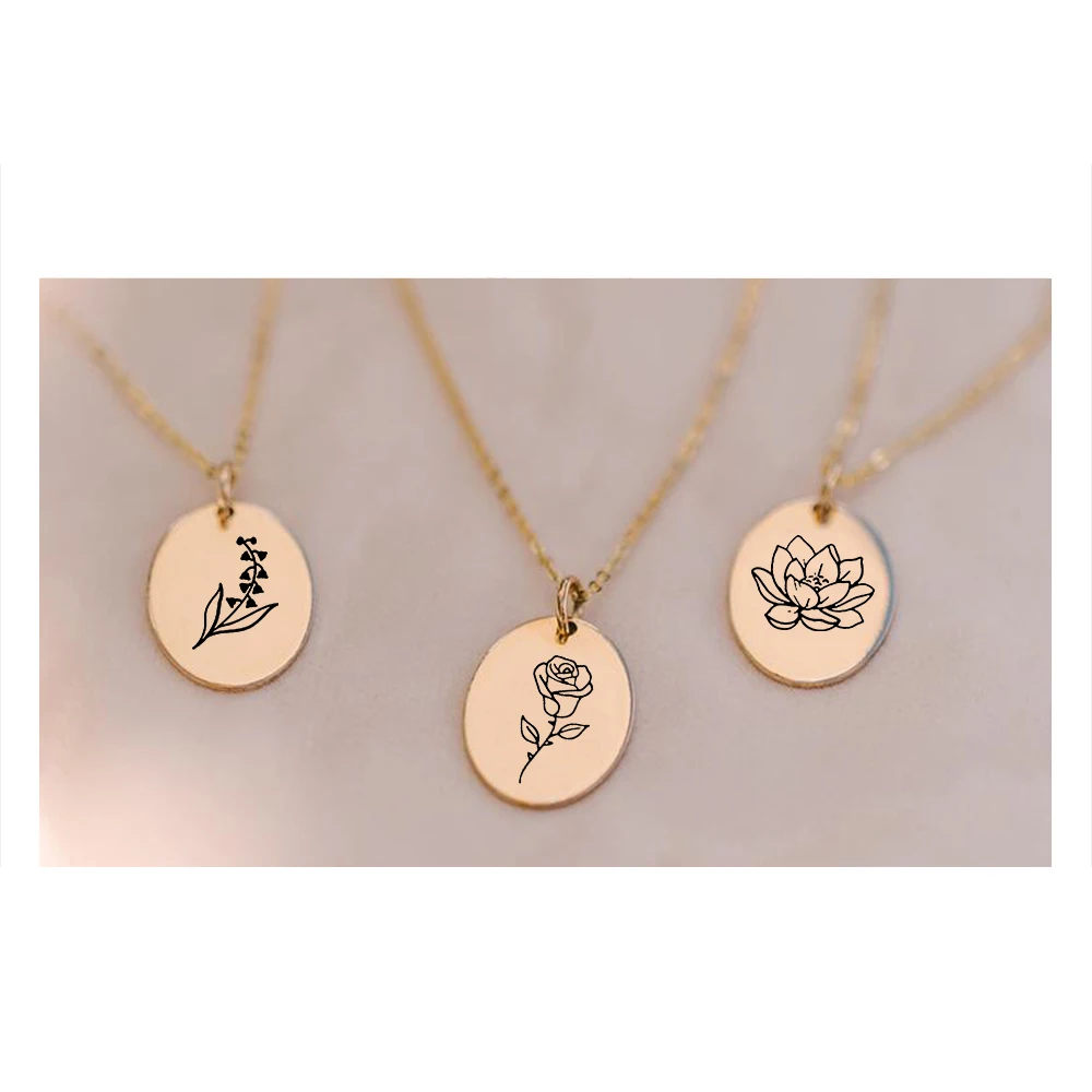 

DIY Birthday Gift 14k gold Coin Smooth Oval Necklace Elegant Blossom Flower Series 316L Stainless Steel Pendant Necklace