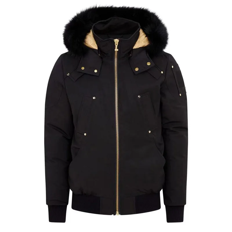 

2022 OEM Custom Men's Moose Jacket Mens Winter Down Coat Man Fur Hood Golden Logo Bomber Downjacket with NFC