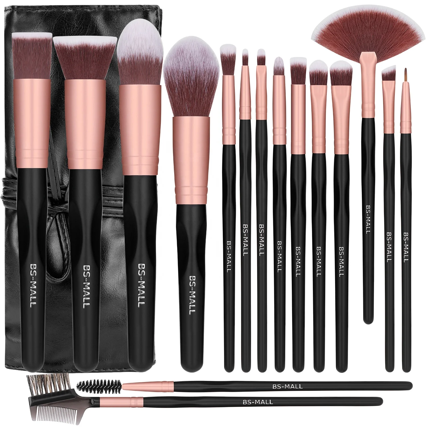 

BS-MALL 16 piece Synthetic Brushes Makeup Set Wooden Handle Private Own Logo Face Makeup Brushes Kit With Roll Up Bag, Rose gold