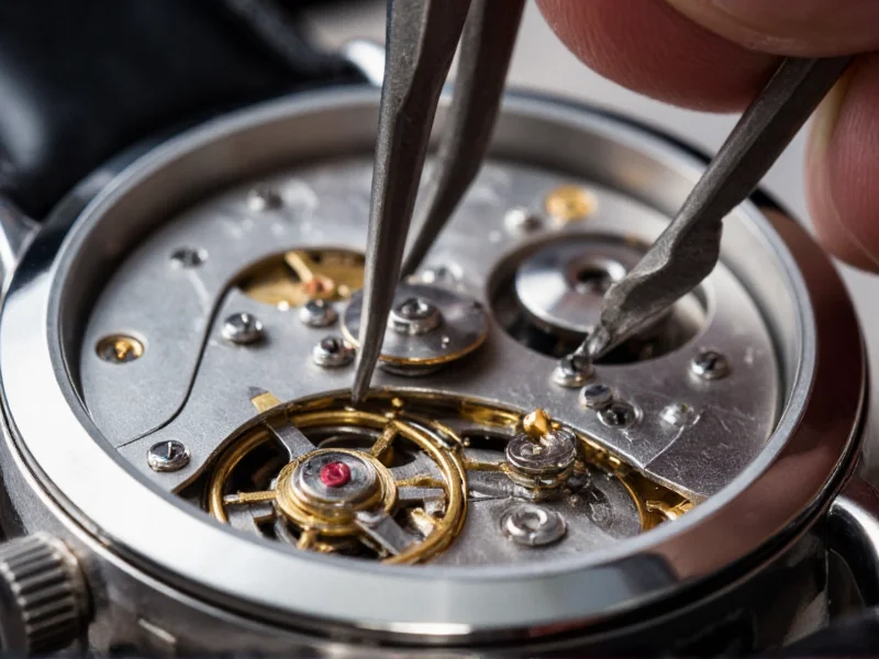 Close-up of mechanical watch movement with tweezers adjusting gears