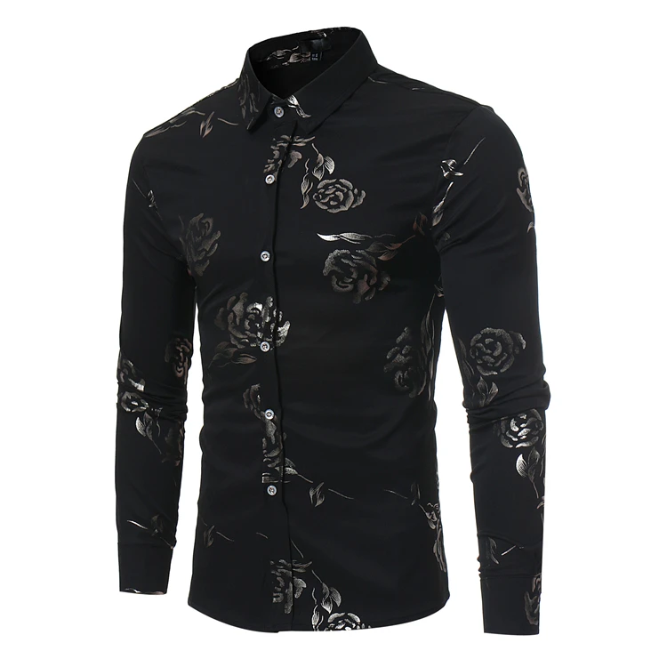 

2021 Hot selling printed shirt men personality British style rose print men long sleeve shirt handsome men dress shirt