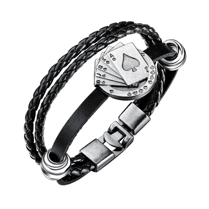 

High Quality Lucky Vintage Male Leather Bracelet Playing Cards Raja Vegas Charm Multilayer Braided Bracelet for Man Woman