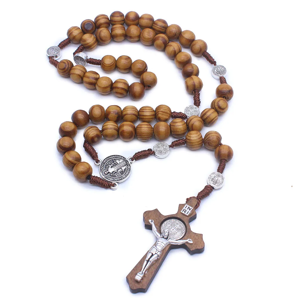 

10mm Round Wooden Rosary Necklace Silver Virgin Mary Wood Jesus Cross Necklace for Religion Catholic Mother Gifts