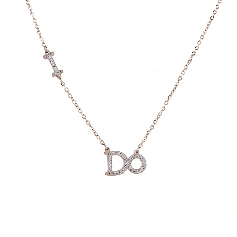 

Wholesale womens I Do zirconia pendant stainless steel charm letter pendant necklaces jewelry, Rose gold color