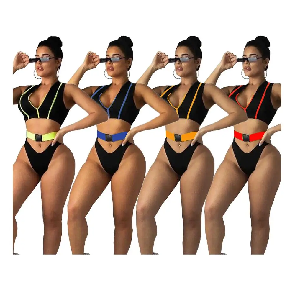 

zipper fly sleeveless crop top and buckle elastic high waist swimming trunk fashion women two piece set sport bikini, As photo showed