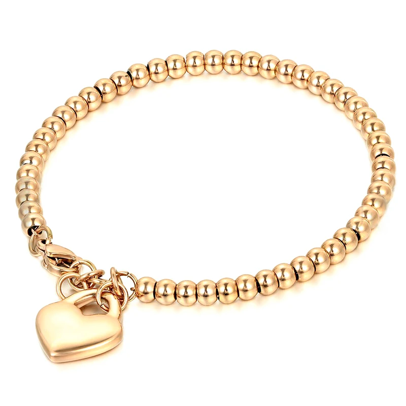 

Women's Ladies Gold Plated Stainless Steel Beads Charm Heart Beaded Chain & Link Stackable Bracelet Bangle, Customized color