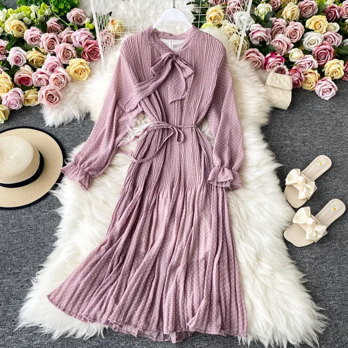 

YM1123 Korean Fashion Dot Print Pleated Chiffon Dress Spring Dresses Women Chic Dresses Clothing