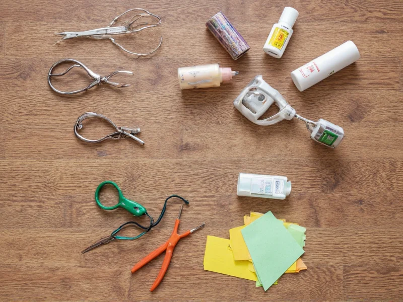 Repurposed household items as crafting tools on wooden table