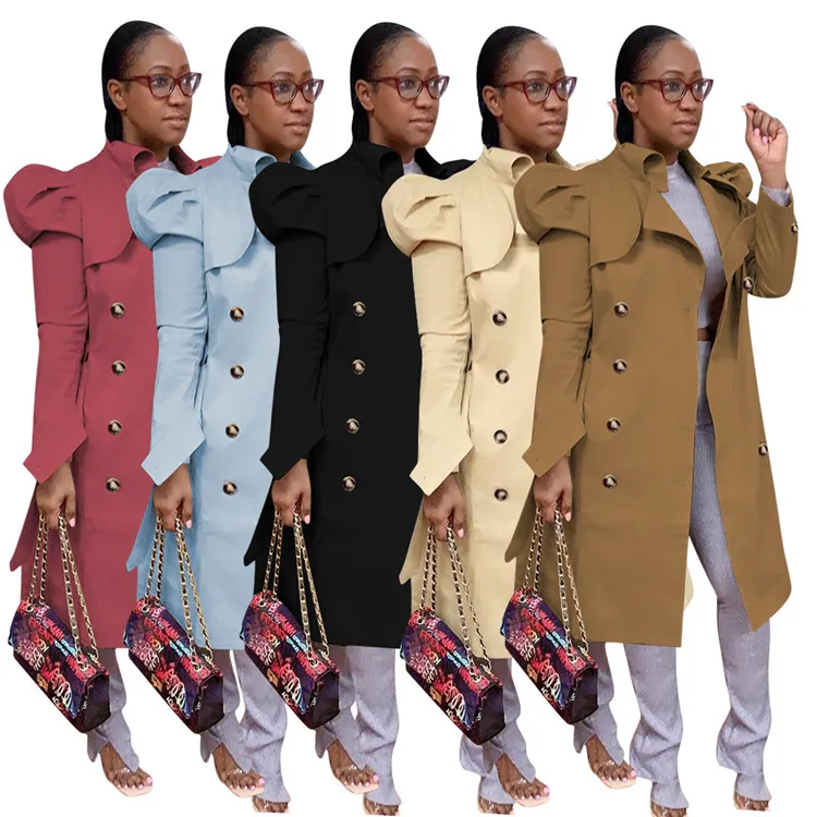 

2021 Trendy Ladies Coat Outerwear Breasted Plain Color Spring Bomber Trench Windbreaker Long Women Jacket, Customized color