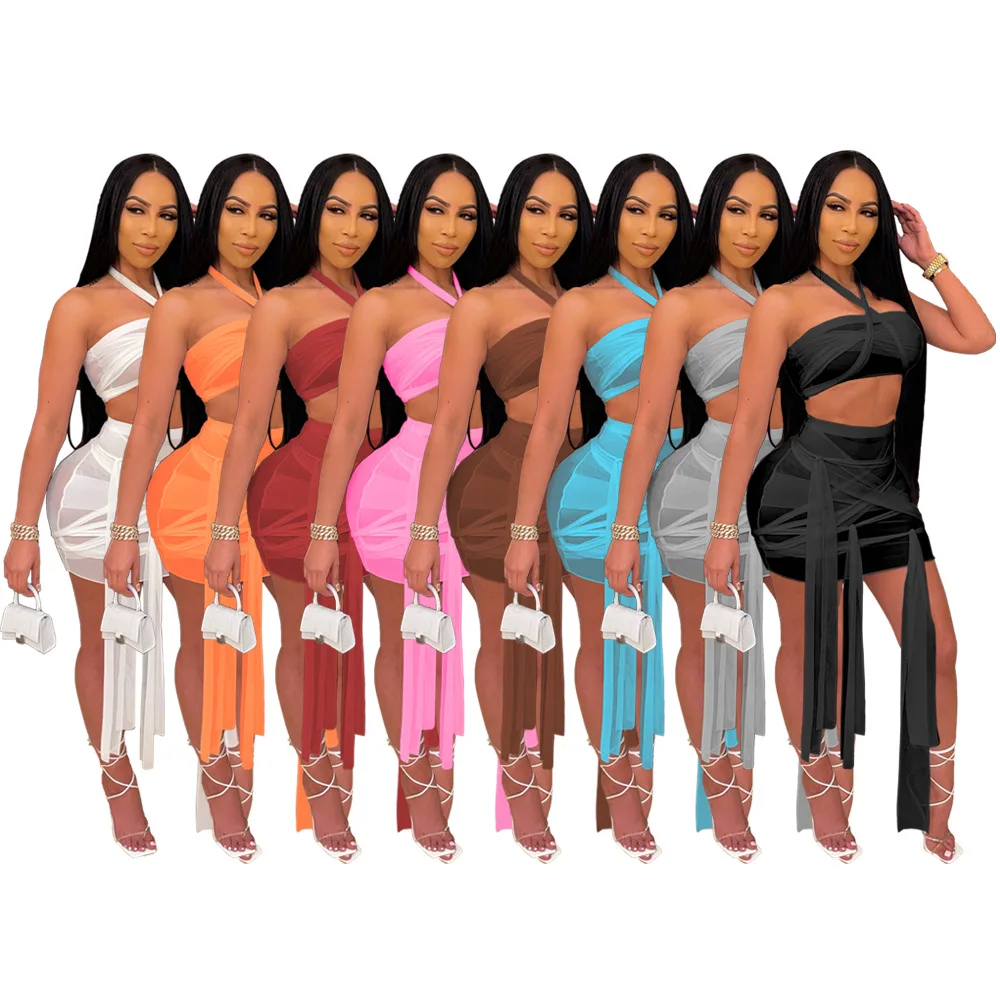 

2021 Casual See-Through Mesh Bandage And Tube Top Skirts Wrapped Breast Dress Women Summer Sexy Two Piece Skirt Set, White, pink, orange, red, gray, black, brown, sky blue