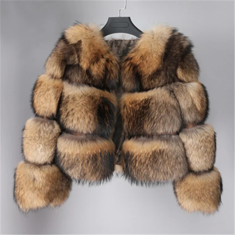 

2020 New Design Luxury Women Racoon Fur Jacket Bomber Coat New Fashion Winter Warm Lady Real Raccoon Fur Coats with O Collar