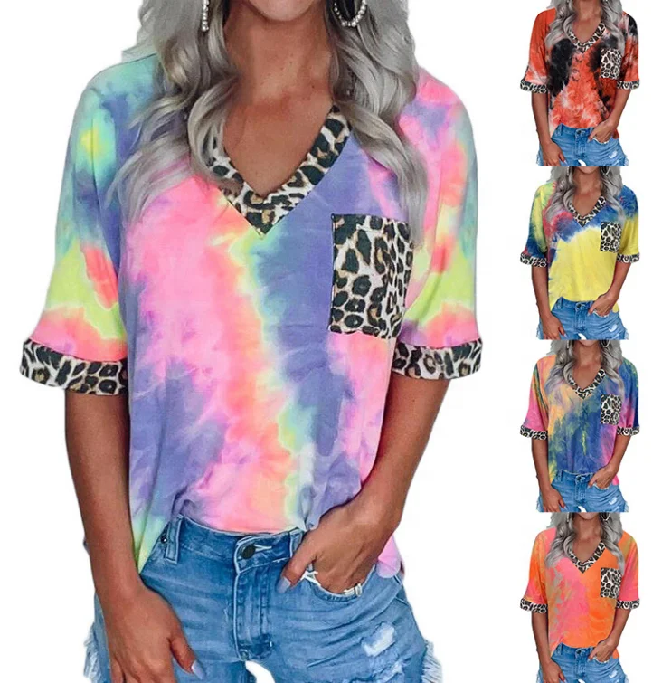 

2020 summer new arrive women polyester tie dye V-neck t-shirt with leopard sleeve and pocket